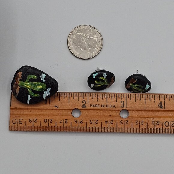 Artisan Folk Art Handpainted Stone Rock Earring Brooch Set Jewelry Black Cactus - Picture 3 of 16